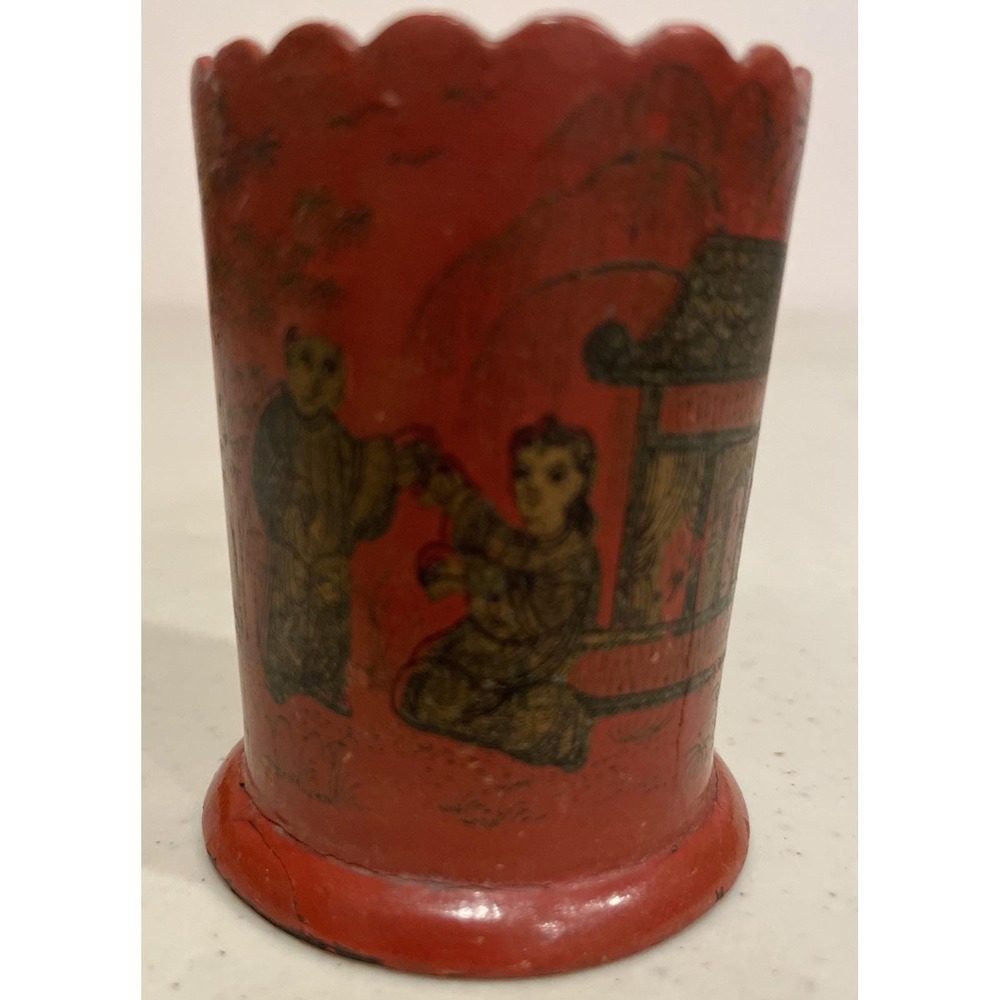 Antique Victorian Chinoiserie Match Striker Holder Hand Painted Scalloped Edge